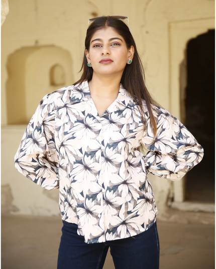 Beige Floral Maslin Printed Women Shirt