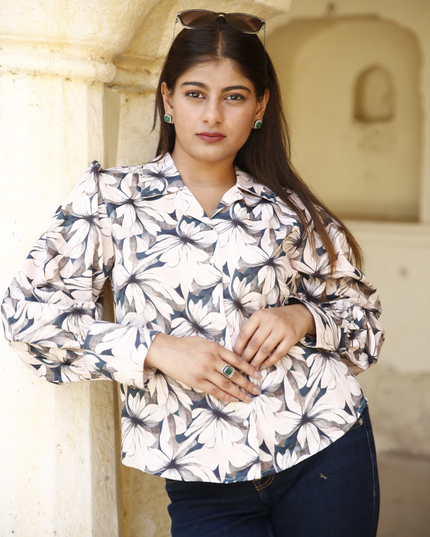 Beige Floral Maslin Printed Women Shirt