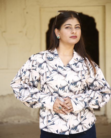 Beige Floral Maslin Printed Women Shirt