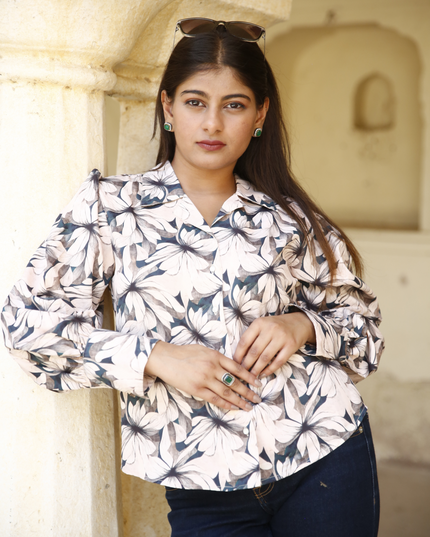 Beige Floral Maslin Printed Women Shirt