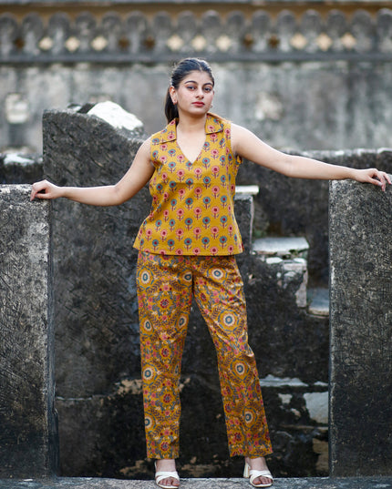 Mustard Yellow Cotton Cut Sleeve Co-ord Set For Women