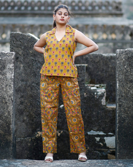 Mustard Yellow Cotton Cut Sleeve Co-ord Set For Women