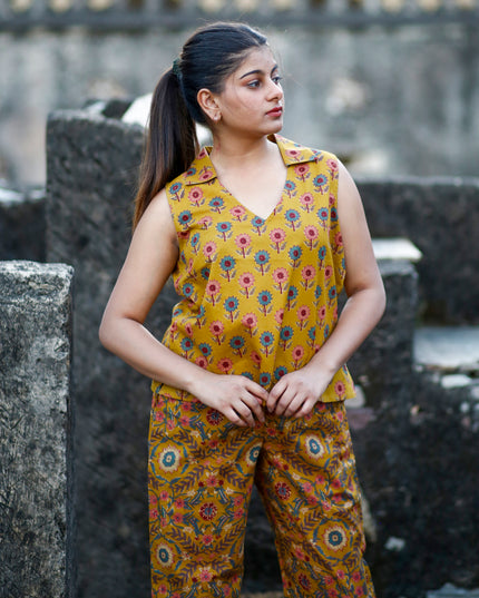 Mustard Yellow Cotton Cut Sleeve Co-ord Set For Women