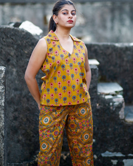 Mustard Yellow Cotton Cut Sleeve Co-ord Set For Women