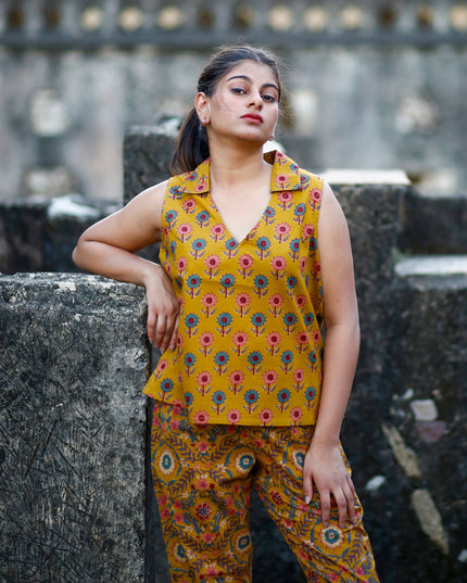 Mustard Yellow Cotton Cut Sleeve Co-ord Set For Women