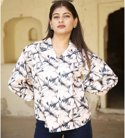 Beige Floral Maslin Printed Women Shirt