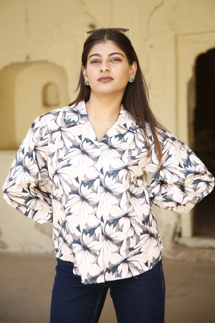 Beige Floral Maslin Printed Women Shirt
