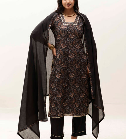 Black Printed Kurta with Trousers With Dupatta