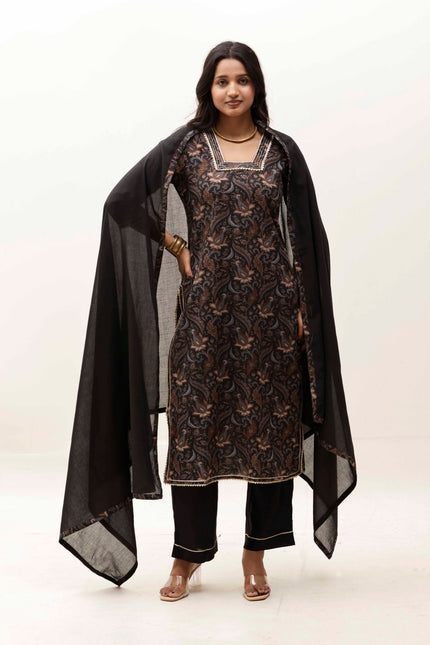Black Printed Kurta with Trousers With Dupatta