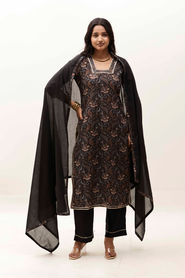 Black Printed Kurta with Trousers With Dupatta