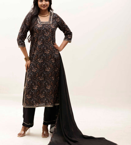 Black Printed Kurta with Trousers With Dupatta
