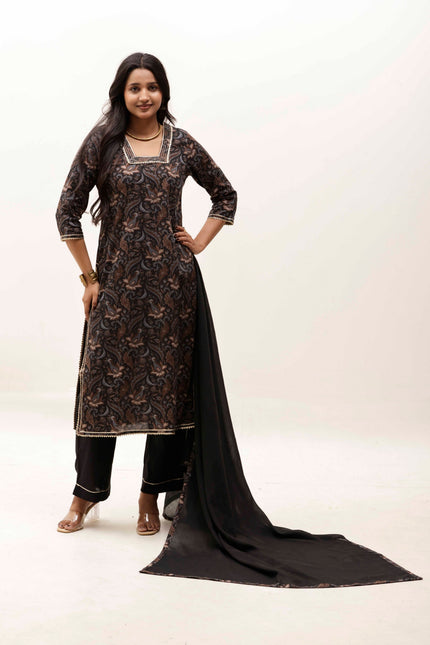 Black Printed Kurta with Trousers With Dupatta