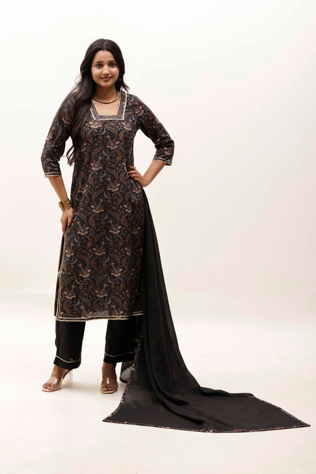 Black Printed Kurta with Trousers With Dupatta