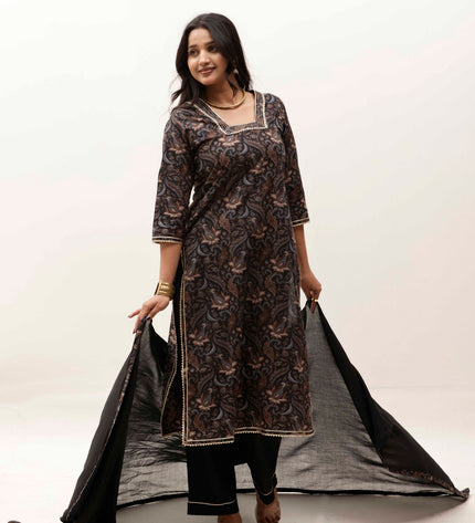 Black Printed Kurta with Trousers With Dupatta