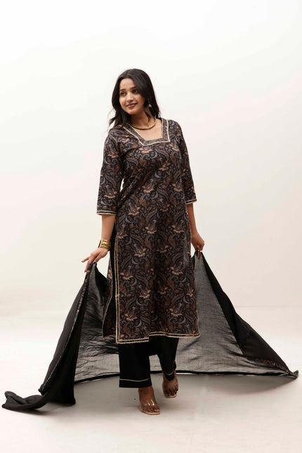 Black Printed Kurta with Trousers With Dupatta
