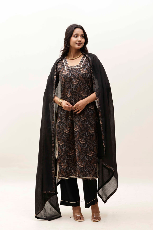 Black Printed Kurta with Trousers With Dupatta