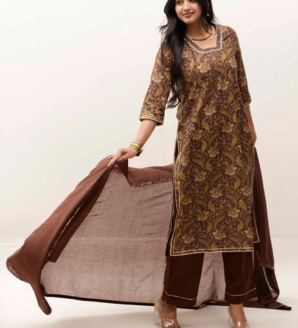 Brown Printed Kurta with Trousers With Dupatta