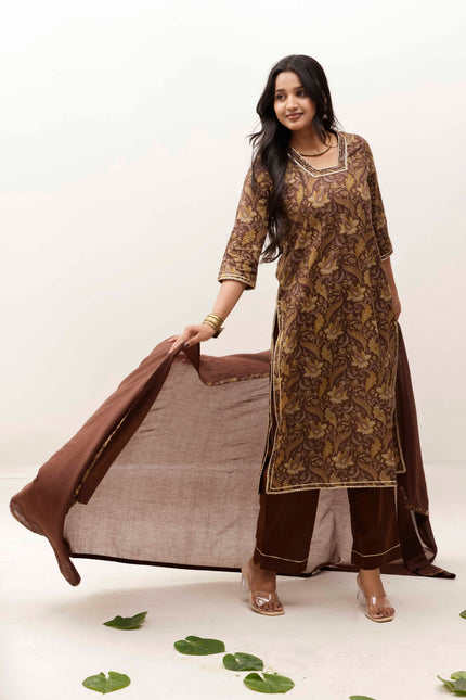 Brown Printed Kurta with Trousers With Dupatta