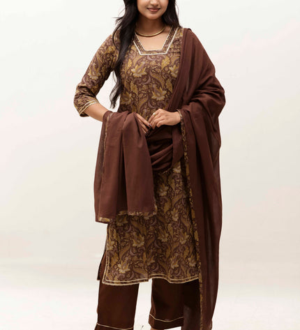 Brown Printed Kurta with Trousers With Dupatta