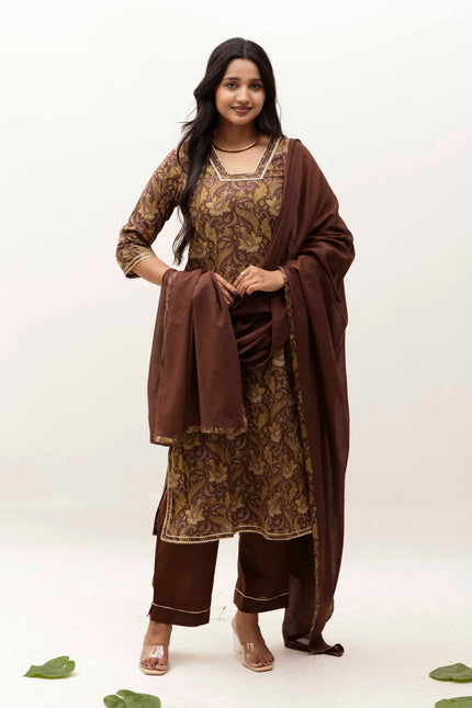 Brown Printed Kurta with Trousers With Dupatta