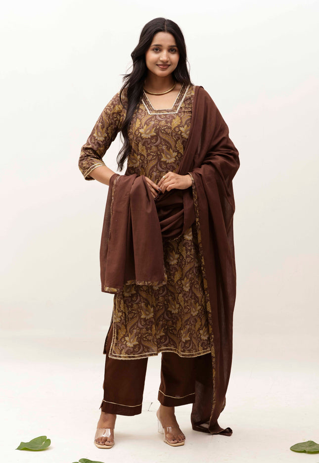Brown Printed Kurta with Trousers With Dupatta
