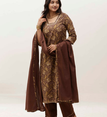 Brown Printed Kurta with Trousers With Dupatta