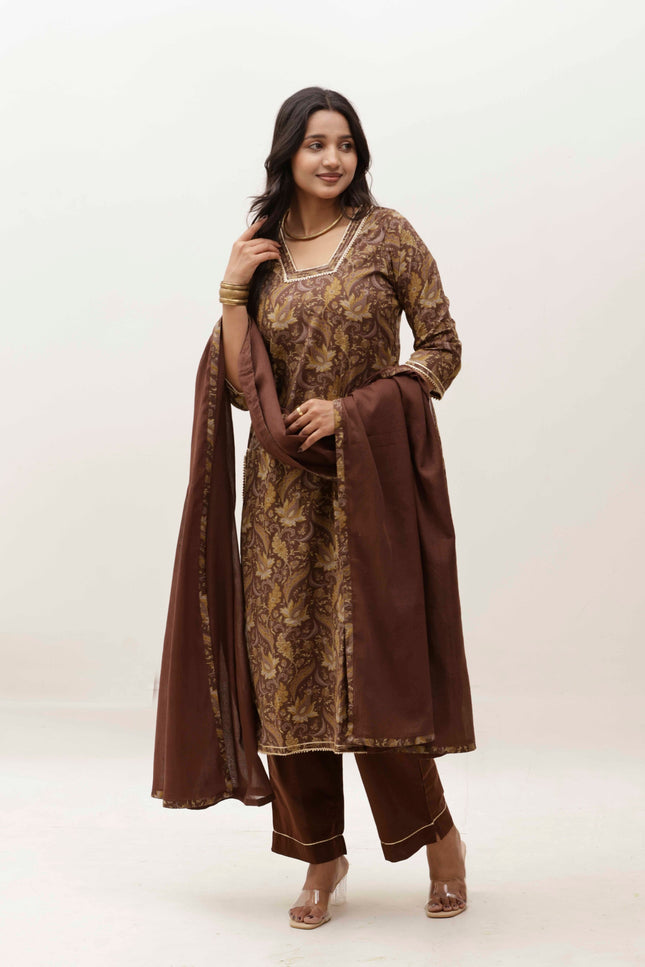 Brown Printed Kurta with Trousers With Dupatta