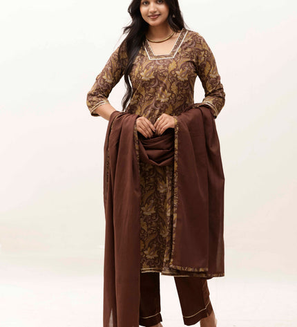 Brown Printed Kurta with Trousers With Dupatta