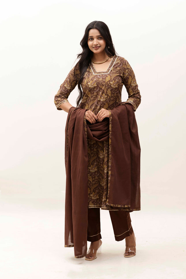Brown Printed Kurta with Trousers With Dupatta