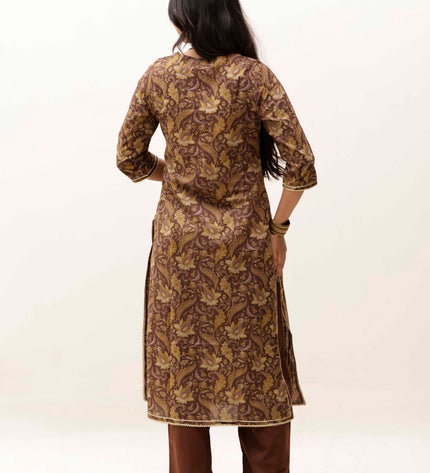 Brown Printed Kurta with Trousers With Dupatta