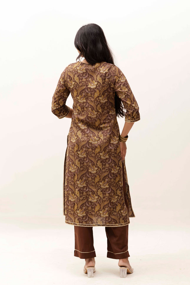 Brown Printed Kurta with Trousers With Dupatta