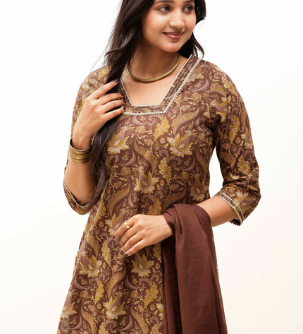 Brown Printed Kurta with Trousers With Dupatta