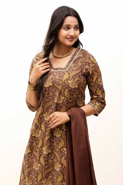 Brown Printed Kurta with Trousers With Dupatta