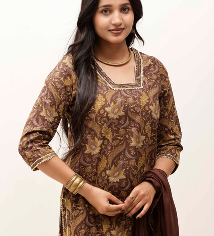 Brown Printed Kurta with Trousers With Dupatta