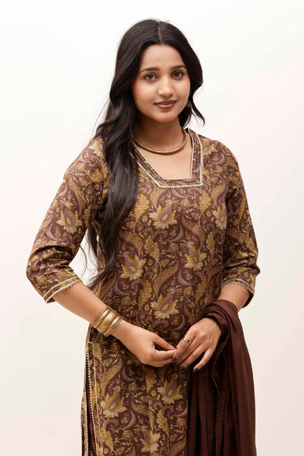 Brown Printed Kurta with Trousers With Dupatta