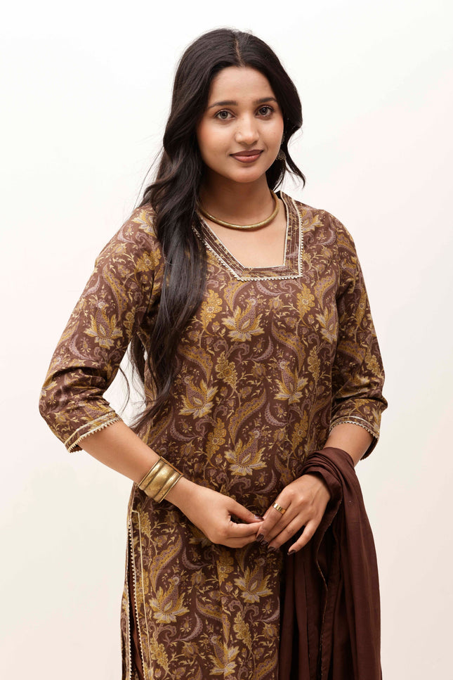 Brown Printed Kurta with Trousers With Dupatta