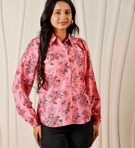 Women Relaxed Pink Floral Printed Casual Shirt