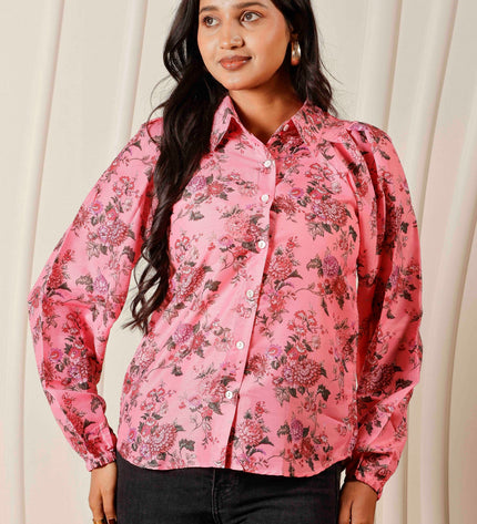 Women Relaxed Pink Floral Printed Casual Shirt