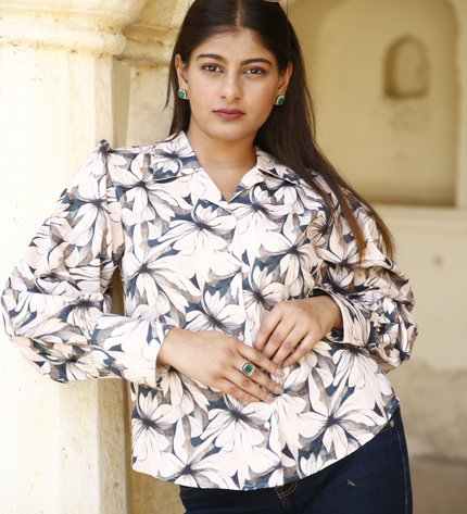 Beige Floral Maslin Printed Women Shirt