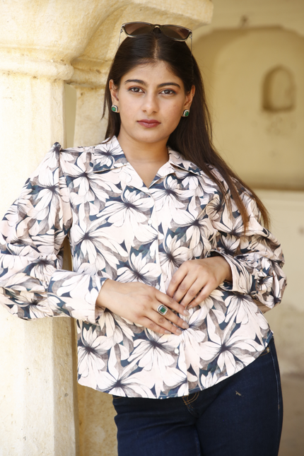 Beige Floral Maslin Printed Women Shirt