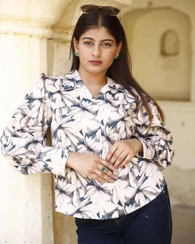 Beige Floral Maslin Printed Women Shirt