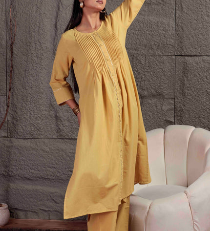 Mustard Yellow Pleated A-Line Kurta Set with Pants