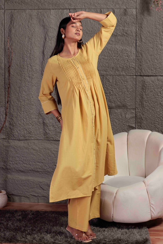 Mustard Yellow Pleated A-Line Kurta Set with Pants
