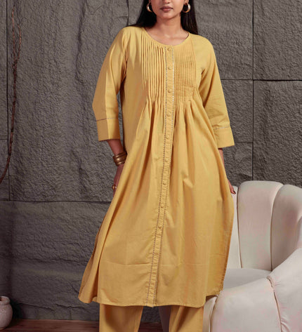 Mustard Yellow Pleated A-Line Kurta Set with Pants