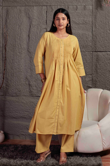 Mustard Yellow Pleated A-Line Kurta Set with Pants