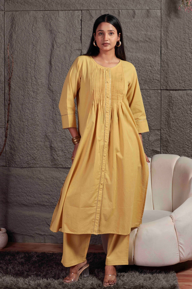 Mustard Yellow Pleated A-Line Kurta Set with Pants
