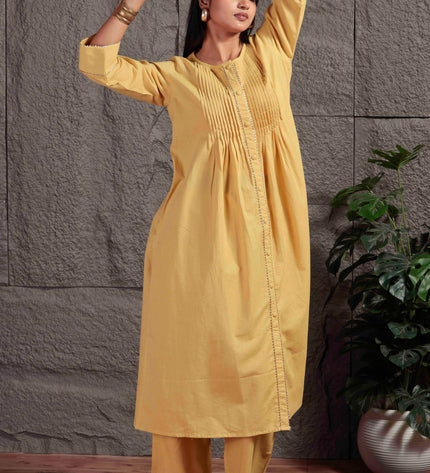 Mustard Yellow Pleated A-Line Kurta Set with Pants