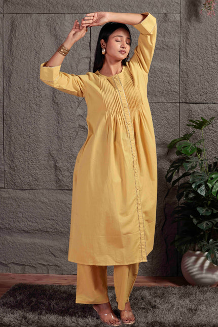 Mustard Yellow Pleated A-Line Kurta Set with Pants