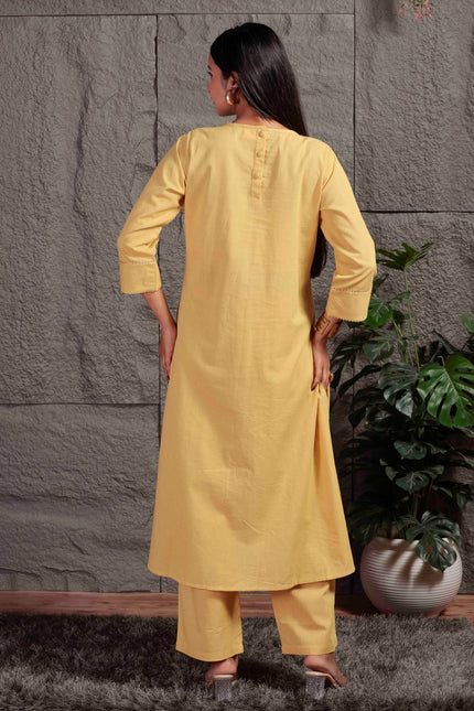 Mustard Yellow Pleated A-Line Kurta Set with Pants