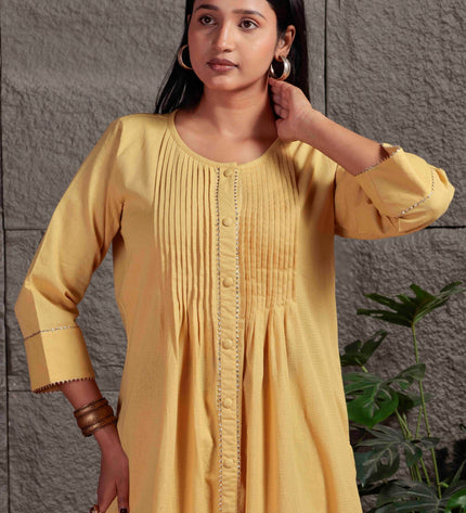 Mustard Yellow Pleated A-Line Kurta Set with Pants